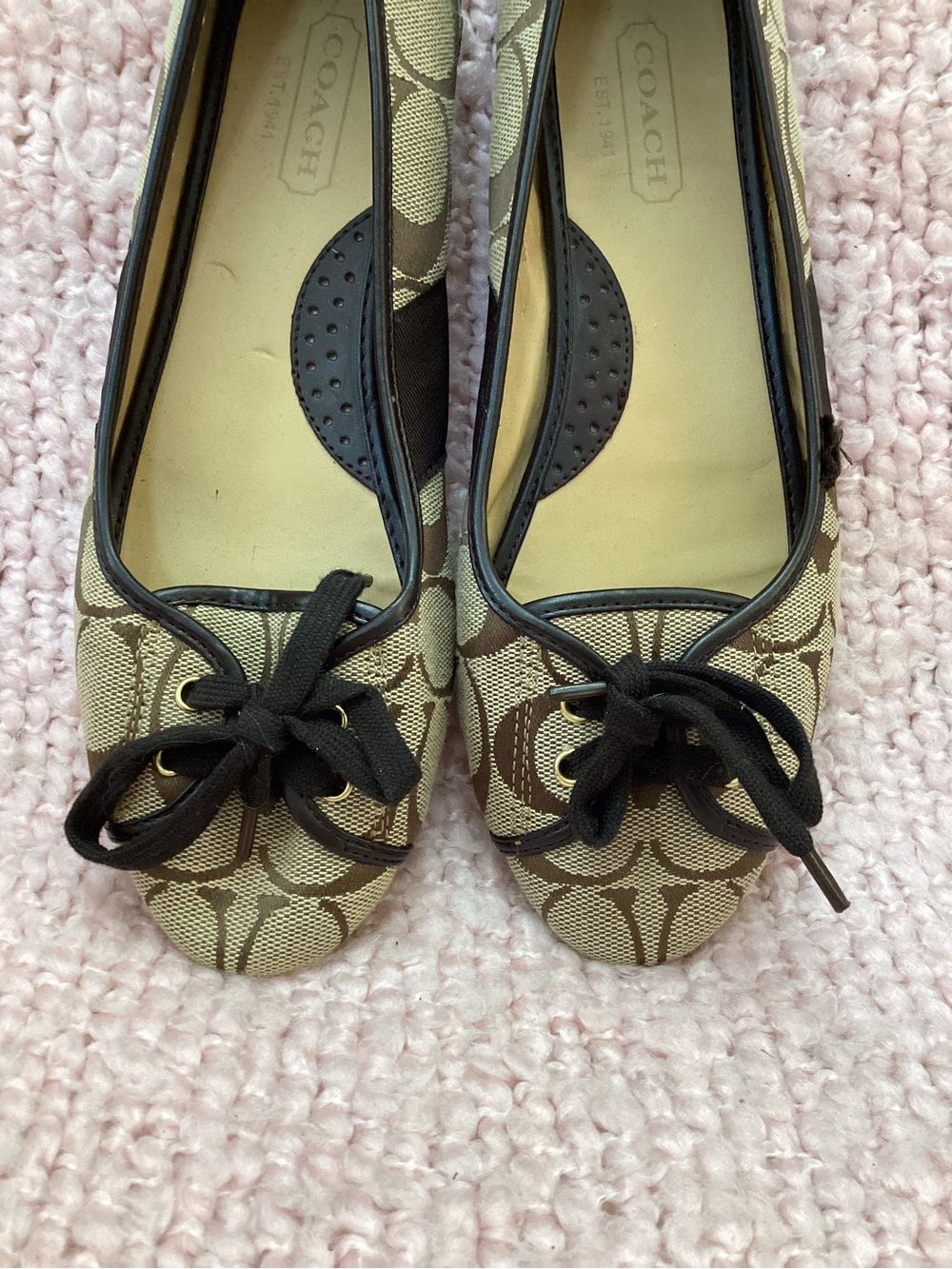 Coach Tan Signature Canvas Ballet Flats with Black Trim - Picture 3 of 11